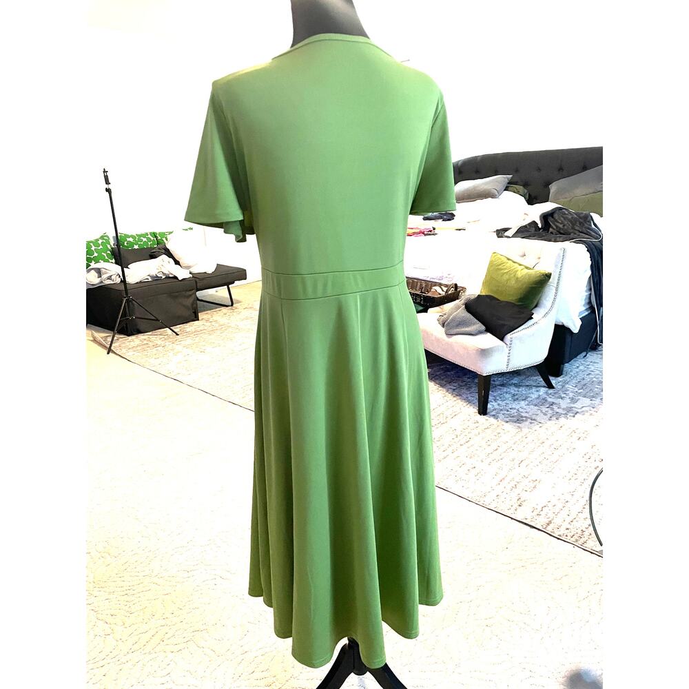 Spring Green Faux Wrap Knee-Length Dress XL Tie Waist Flutter Sleeve - Picture 3 of 4